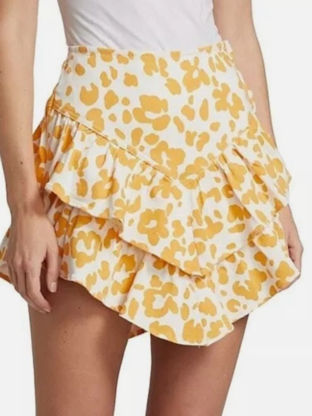 MOTHER Yellow Floral Leopard Tiered Ruffle Mini Skirt